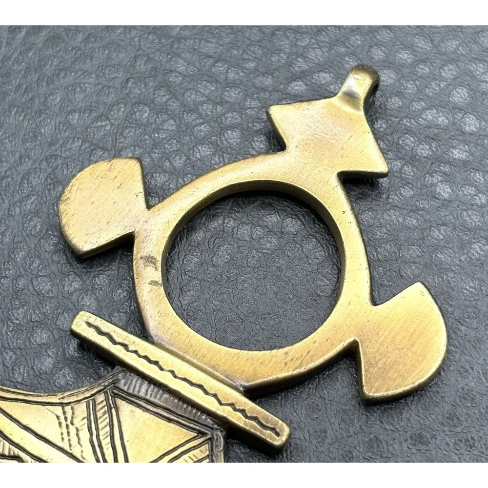 Tribal Mali Touareg Amulet Cross Pendant Long Brass Tone Geometric Signed VM